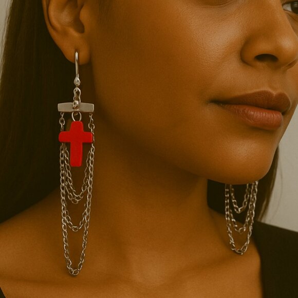 Precious Red Cross Chain Drape Earrings – Silver Punk Rock Statement Dangles - Picture 1 of 2